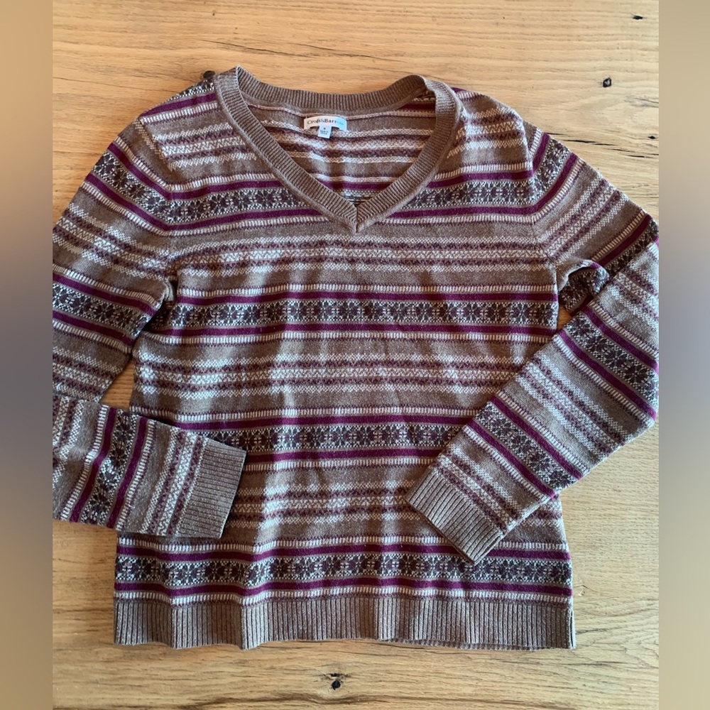 Croft & Barrow Stripe Sweater Taupe V Neck Acrylic Women’s S Preloved